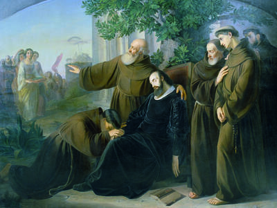 Painting of monks standing around slumped-down, pale figure. 