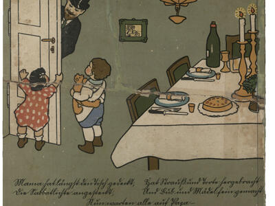 Illustration of two children greeting a man at the door to a dining room, where the table is set with flowers, cake, and lit candles.