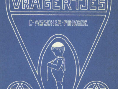 Illustration with Dutch title and image in center of boy wearing prayer shawl flanked by a Star of David in a circle on either side.