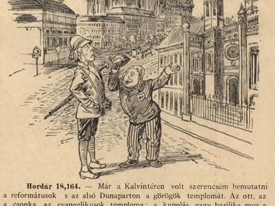 Engraving of two people speaking in the street.