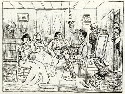Drawing of women seated in front of a man as two men spy on the scene from behind a door.