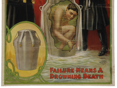 Poster of men pouring water over man sitting in can filled with water and secured by locks.