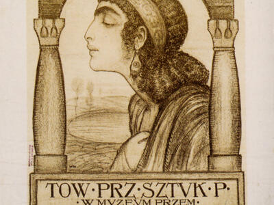 Page with Polish text on bottom and drawing of head in profile in center.
