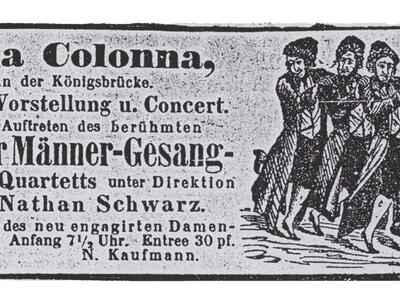 Page with German text and drawing of four men in a row.