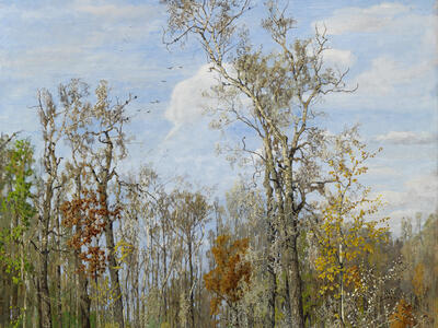 Painting of wooded landscape with path through the middle, and several women on either side sitting and walking.