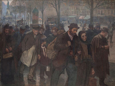 Painting of men and women wearily walking through the street.