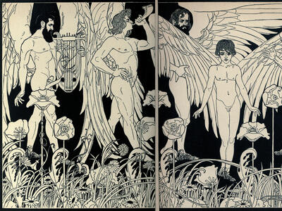 Illustration of angels among flowers with shofar and biblical lyre.