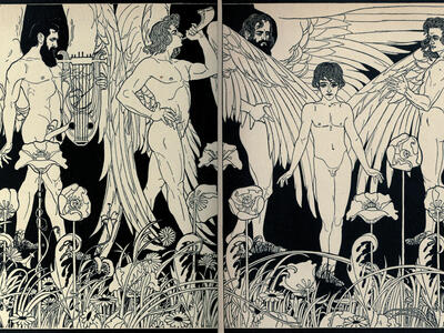 Illustration of angels amongst flowers with shofar and biblical lyre.
