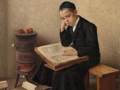 Painting of boy seated next to a stove studying a book.