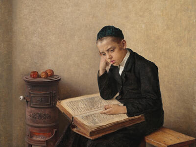 Painting of boy seated next to a stove studying a book.