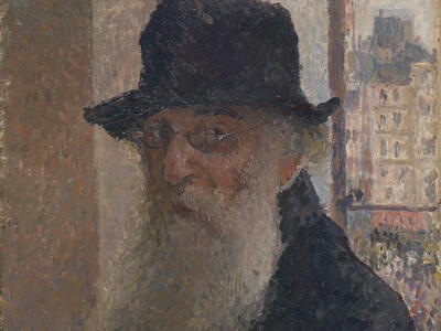 Portrait painting of bearded man in hat and glasses, and cityscape visible through window behind him.