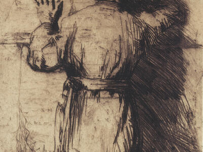 Etching of figure facing a wall.