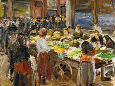 Painting of people on a city street.