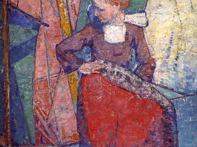 Painting of woman in dress and cap on background of geometric shapes.