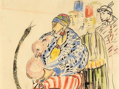 Abstract illustration of figure charming a snake while three figures observe in the background.