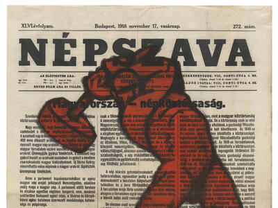 Page from Hungarian newspaper with text overlaid by image of strong man wielding a hammer.