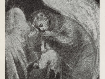 Painting of angel with hand resting on the head of a young boy seated on a barrel.