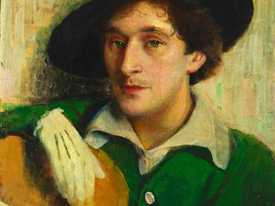 Painting of man in hat holding palette and looking at viewer.