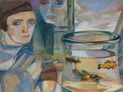 Abstract painting of figure peering into a small fish tank.