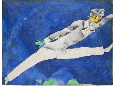 Painting of stylized figure in profile leaping through the air over rooftops.