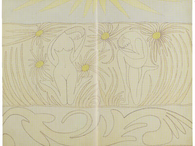 Drawing with line down center separating two nude figures among flowers.