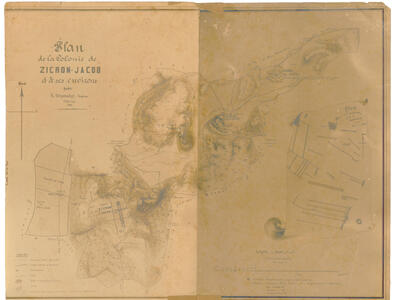 Faded map with outline of city and French words in top left corner.