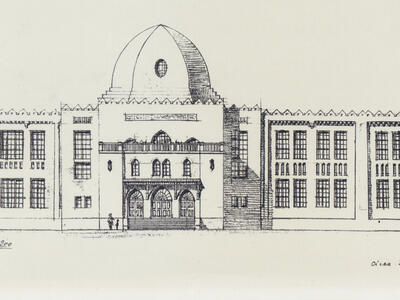 Illustration of long building façade.