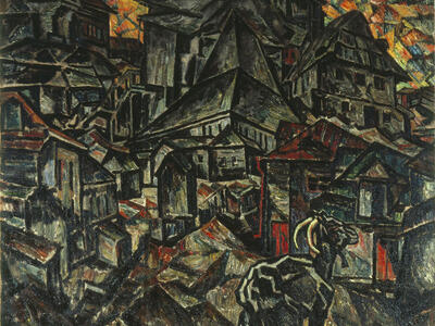 Angular painting of cityscapes with many buildings, empty streets, and goat in the foreground.