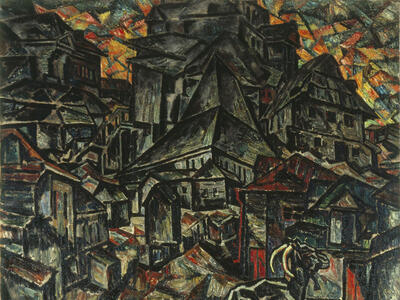 Angular painting of cityscapes with many buildings, empty streets, and goat in the foreground.