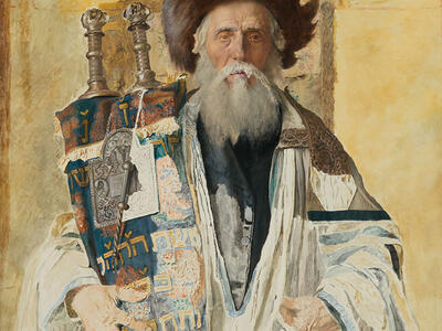 Oil painting of man in beard, furried hat, and prayer shawl looking forward and holding a Torah scroll.