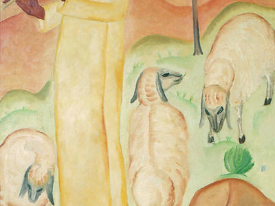 Painting of man playing flute to animals in desert. 