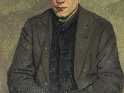 Portrait painting of man wearing glasses and suit jacket, gazing downward with his hands folded in lap.