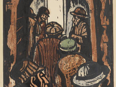 Woodcut of men in coats and hats huddled together in an alley.