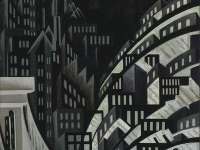 Lithograph of cityscape with skyscrapers and bridge.