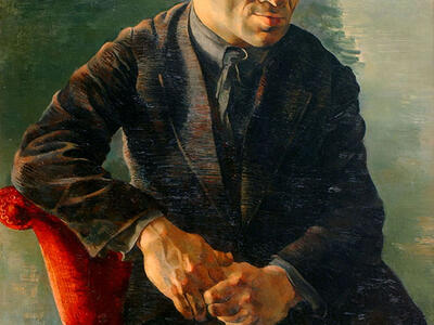 Painting of man sitting sideways in chair facing viewer with hands interlocked.