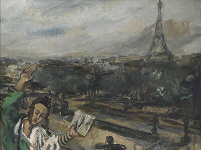 Painting of man with one arm raised in the air and the other holding a prayer book, with arms and head wrapped in phylacteries, and the Eiffel Tower in the distance.