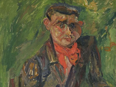 Painting of man sitting at table wearing suit and bandana around neck.