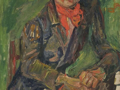 Painting of man sitting at table wearing suit and bandana around neck.