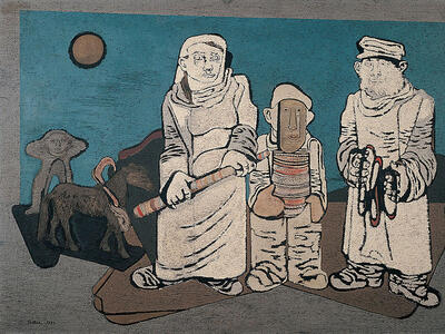 Painting of three figures holding objects with horse, Egyptian sphinx and moon in background.