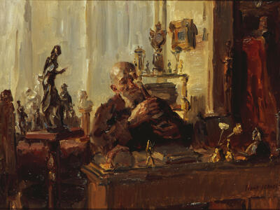 Painting of man with beard sitting at desk examining an object at table filled with small sculptures.