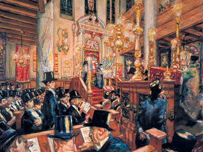 Painting of men wearing top hats seated and standing in crowded, decorated room with columns and Torah ark in background. 