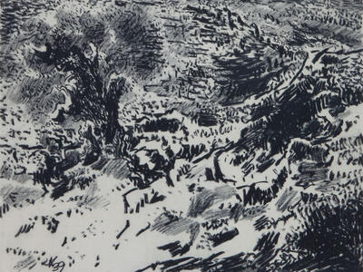 Chalk drawing of trees and hills.