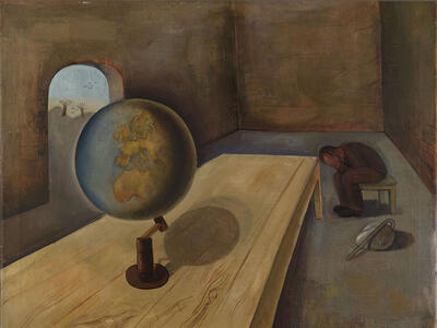 Painting of table displaying a large globe in foreground, as a man sits slumped in a chair with his head in hands in background.
