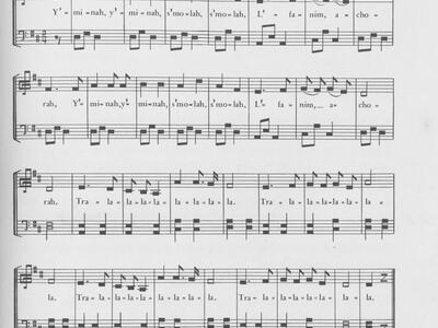 Sheet music with transliterated Hebrew lyrics and Hebrew and English text at bottom. 