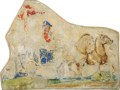 Portion of wall fresco depicting carriage, carriage driver, and two horses.