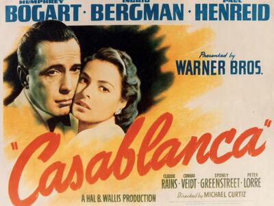 Movie poster featuring image of man and woman cheek-to-cheek, surrounded by English movie title and actors' names.