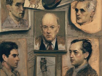 Painting of wall on which hang six portraits and handwritten text in a circle, with a small picture, a palette, and drawing of a cat at the top. 
