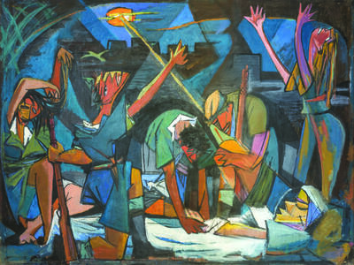 Abstract painting of figures made up of geometric shapes with arms raised and distraught expressions standing over figure lying in middle of floor in white robes.