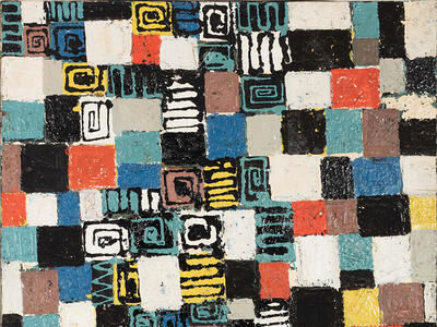 Abstract painting of grid with squares containing spirals, lines, and geometric designs.
