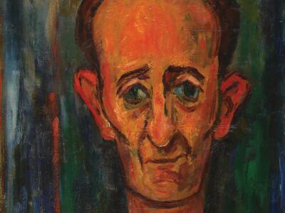 Portrait painting of a man who faces viewer and wears a suit and tie.